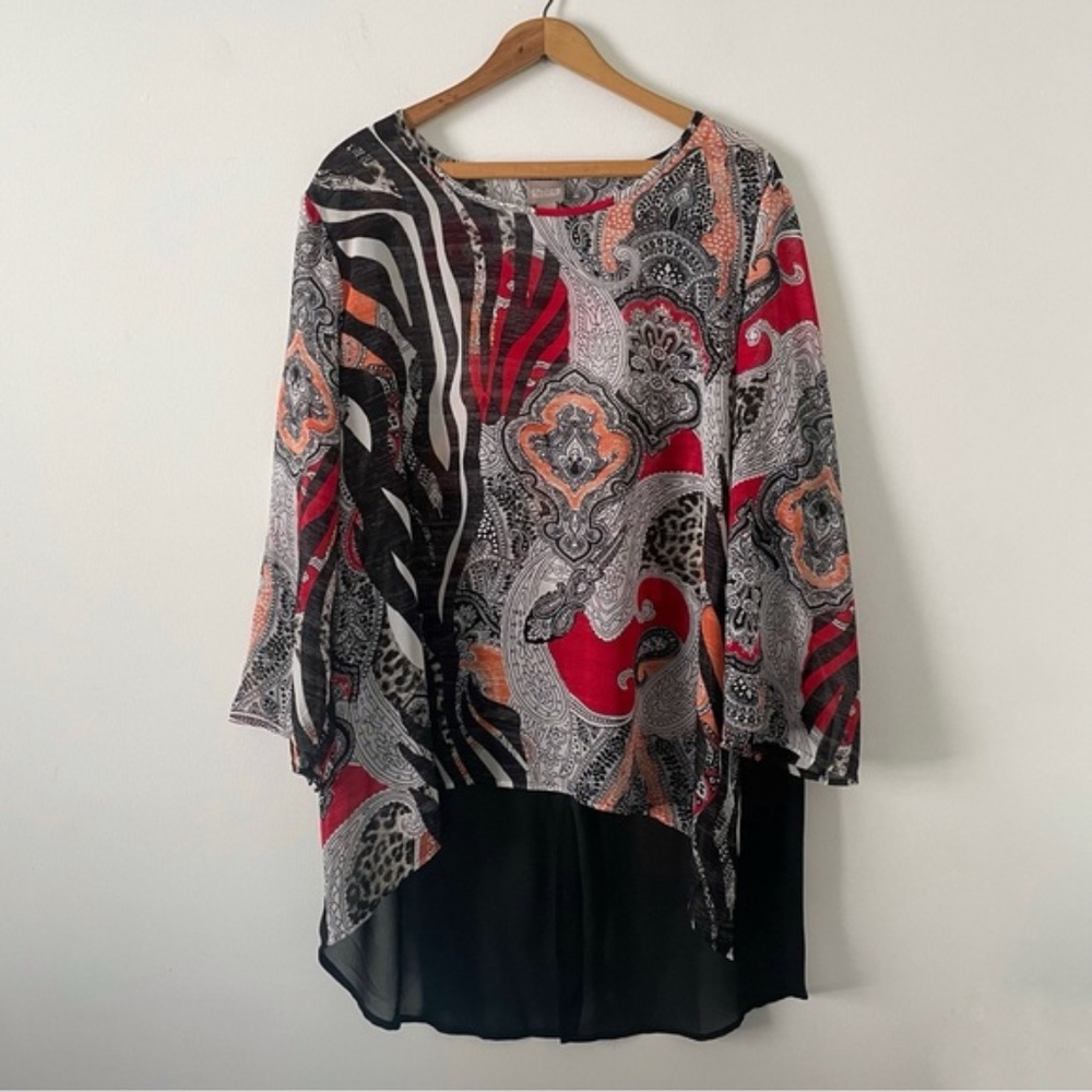 Chicos Black Red White Orange Paisley Tab Sleeve Sheer Blouse Top Size 3 XL